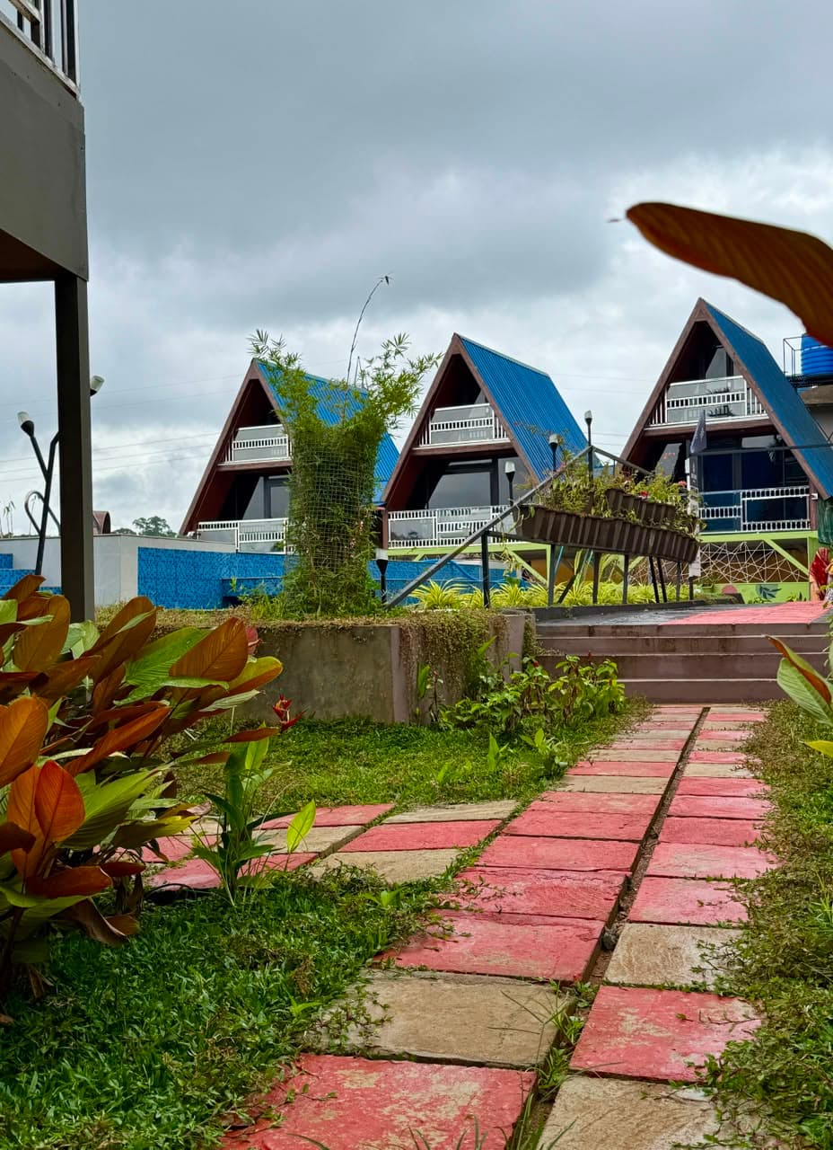 Stepping stones through the lawn toward the chalets and the pool